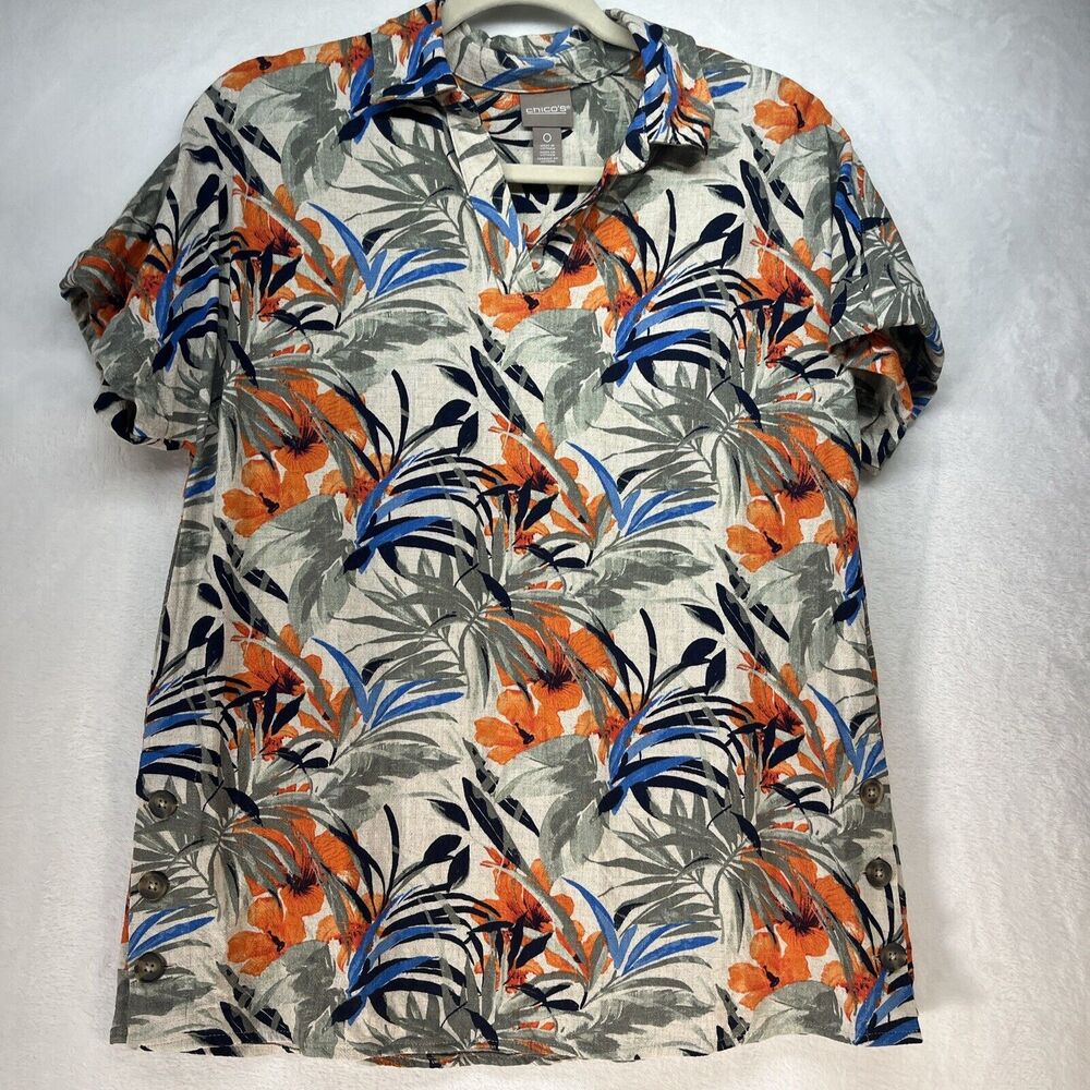Chico’s Linen Blend Tropical Hawaiian Top Women’s Sz Small Pullover